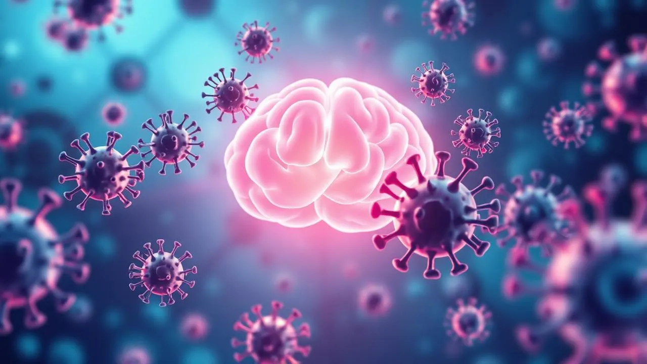 Illustration of viral particles near a glowing brain